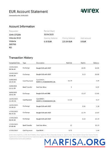 Blank UK Wirex account statement word example